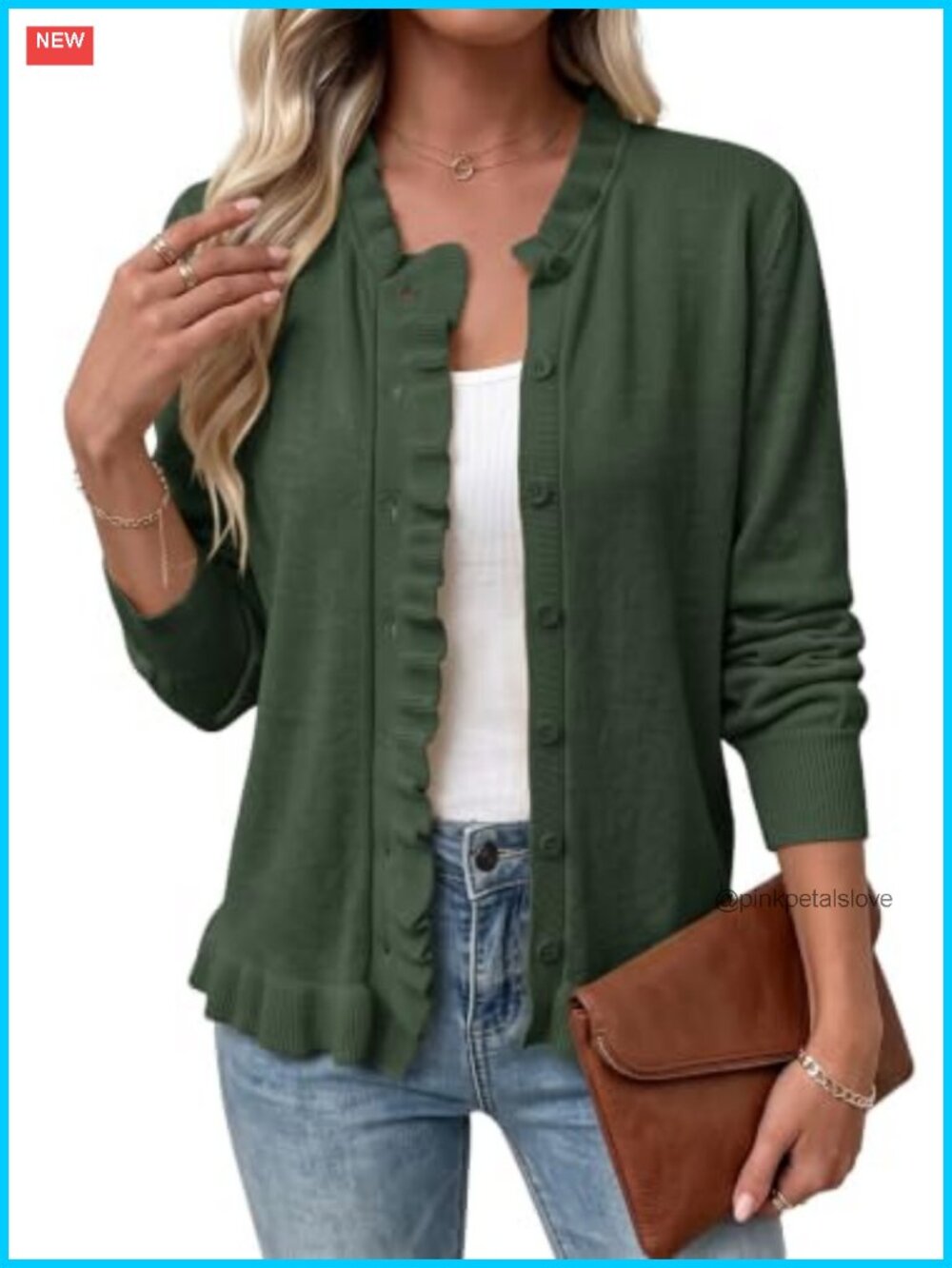 Elegant Ruffle Trim Button-Front Knit Cardigan Sweater for Women